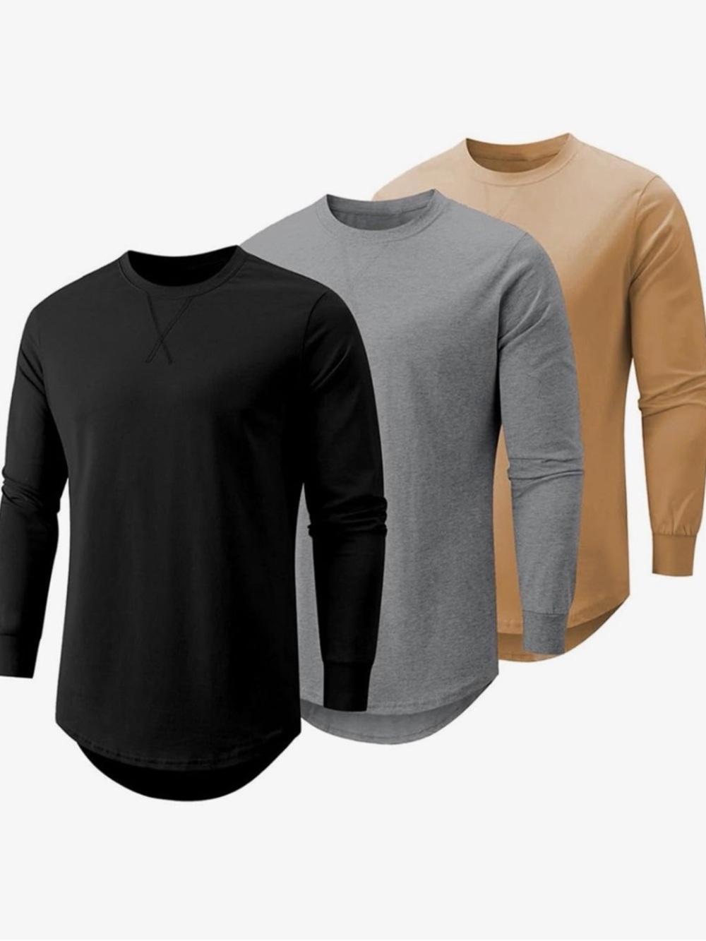 Men's Long-Sleeve Crewneck Shirts - Black, Gray & Tan